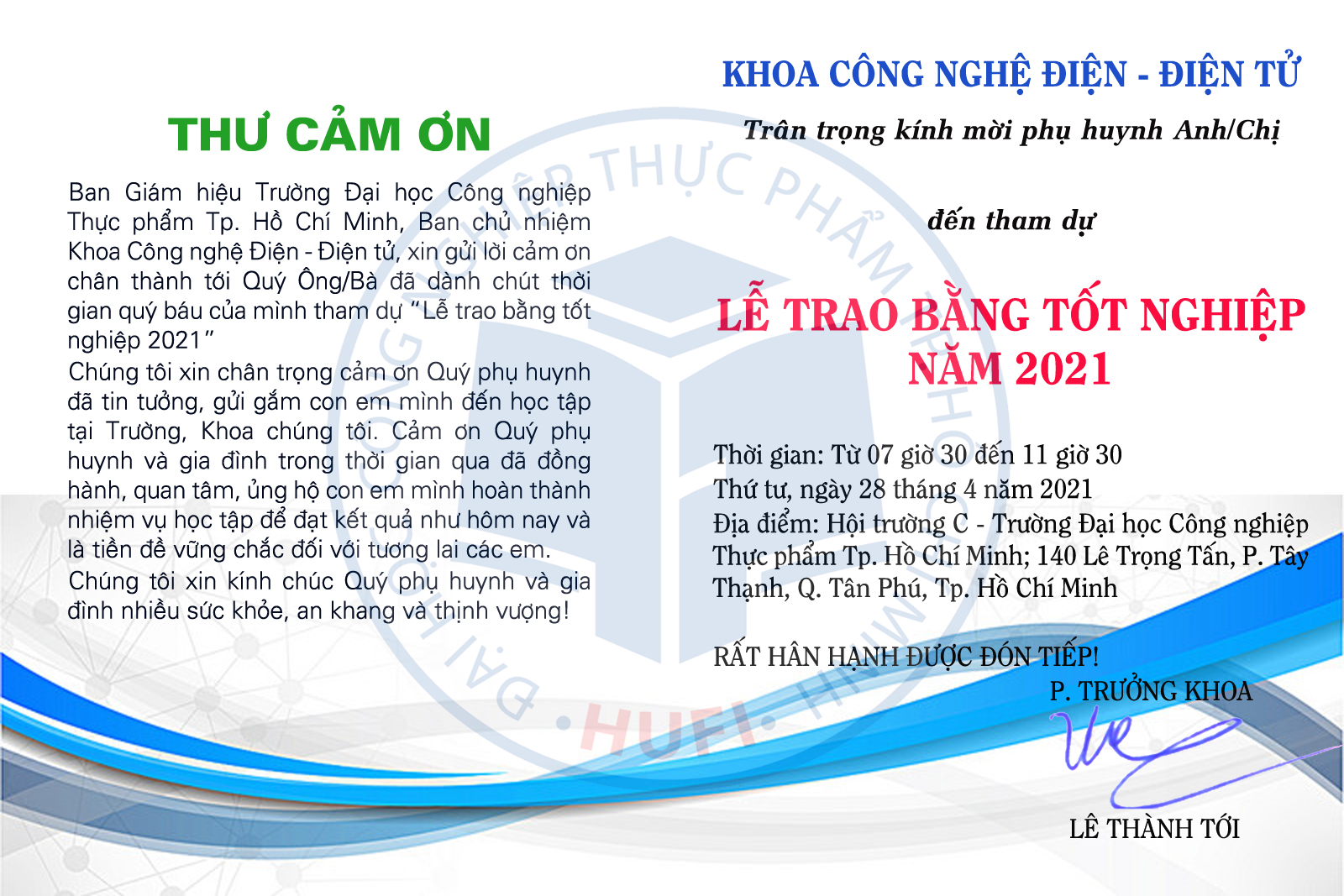 Mẫu Thư cảm ơn và Thư mời tham dự Lễ trao bằng Tốt nghiệp (đợt 1) năm 2021